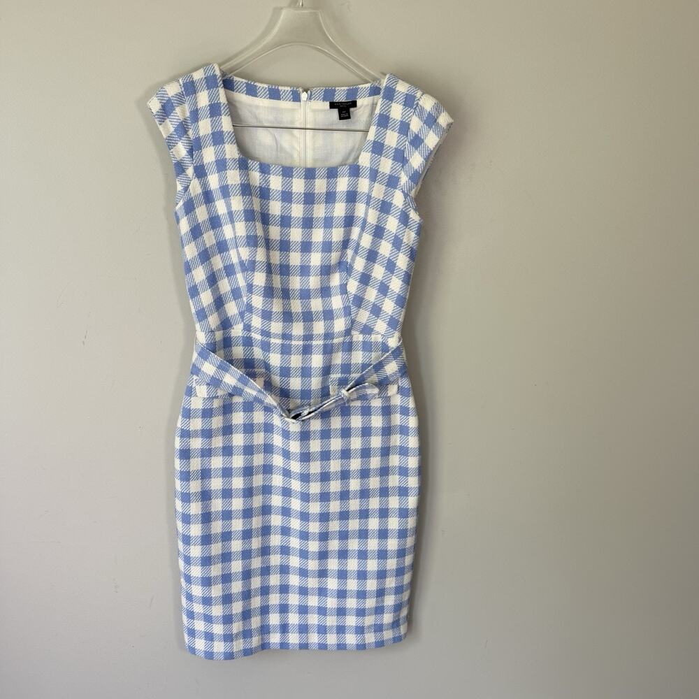 Ann Taylor Blue/White Gingham Check Belted Cap-Sleeve Sheath Dress Sz 00P NEW